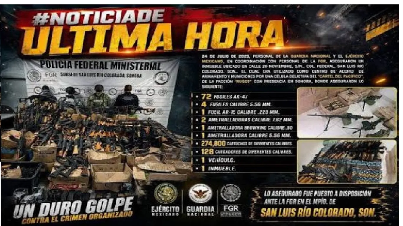 SEDENA y GN en coordinación con la FGR, aseguraron en 81 armas de fuego y 274,800 municiones